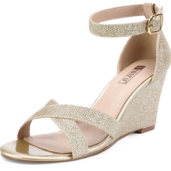 IDIFU 3 Inch Gold Glitter Wedge Sandals - Picture 2 of 9